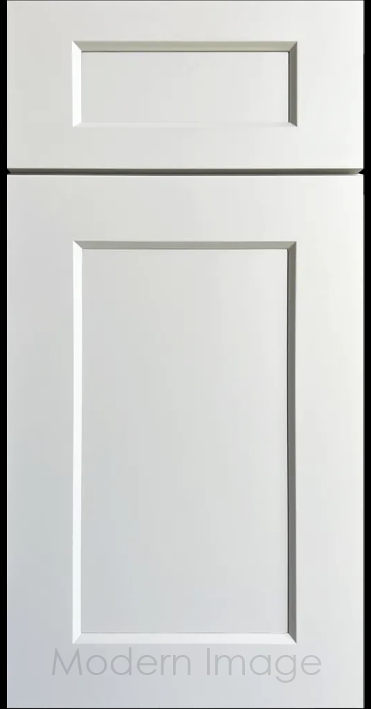 Laguna Dew matte painted Shaker kitchen cabinet door with wide stiles & rails, inside profile and a flat center panel.